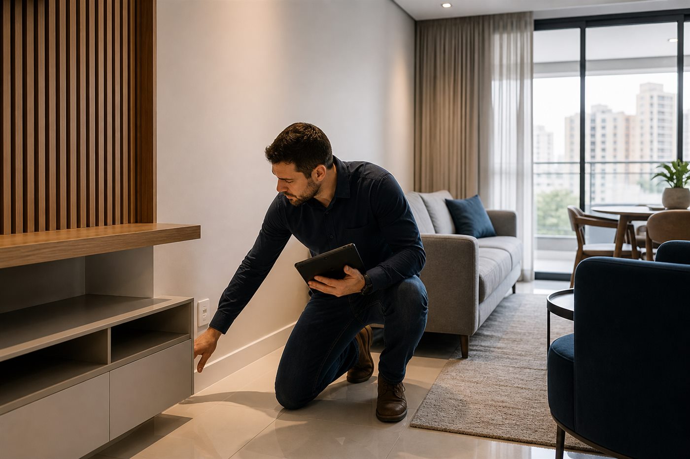 Vistoriador analisando detalhes em apartamento moderno